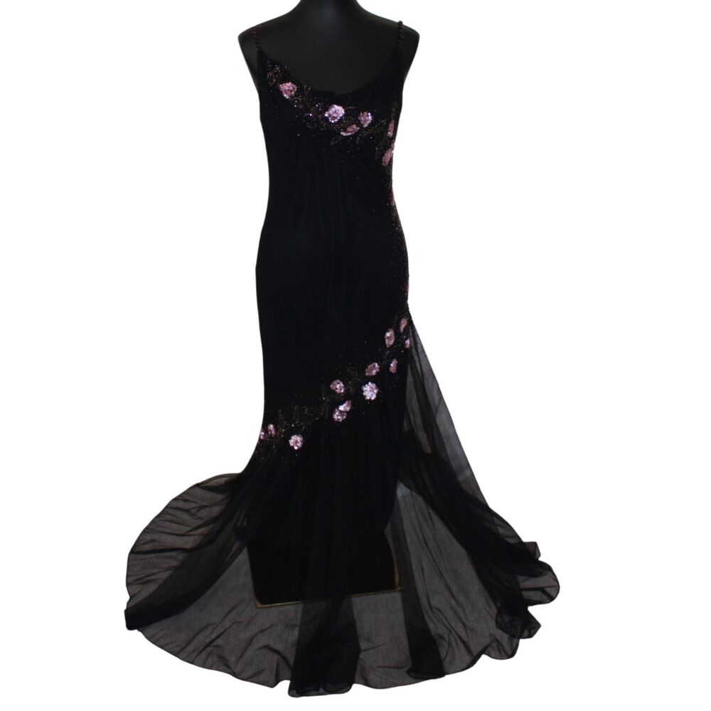 Black Silk Pink Floral Beaded Sequin Evening Gown Dress Size 8